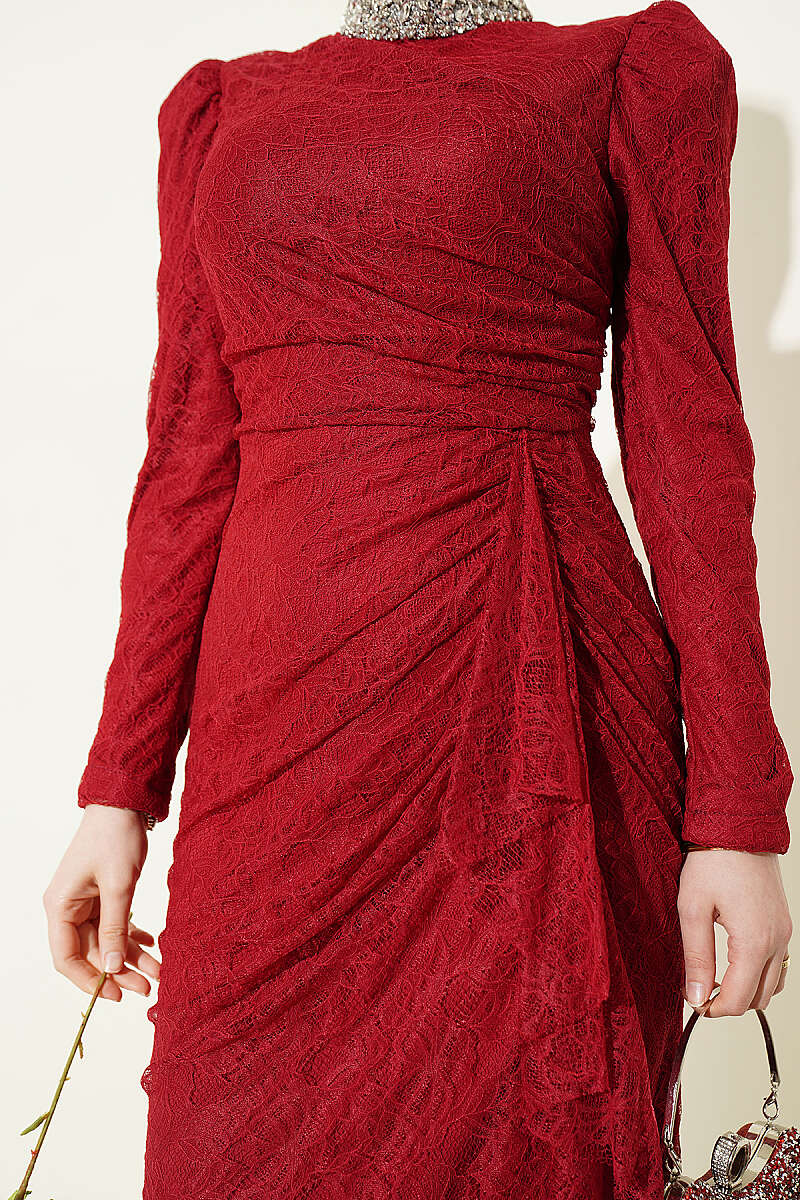 Ruched Lace Evening Dress with Stones - Burgundy