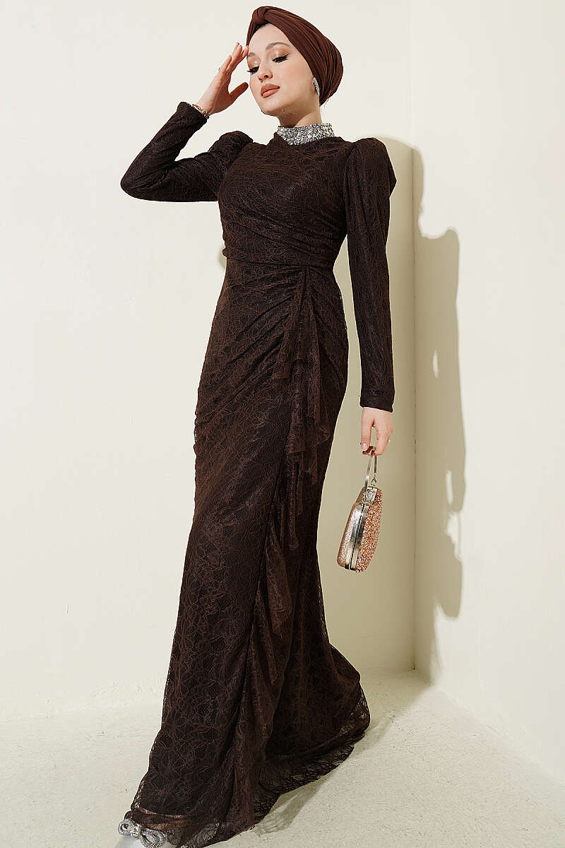 Ruched Lace Evening Dress with Stones - Brown
