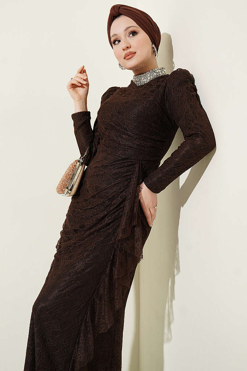 Ruched Lace Evening Dress with Stones - Brown