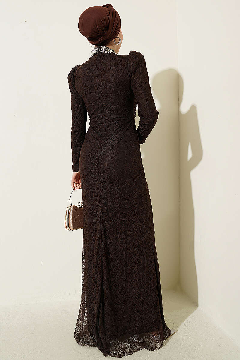 Ruched Lace Evening Dress with Stones - Brown