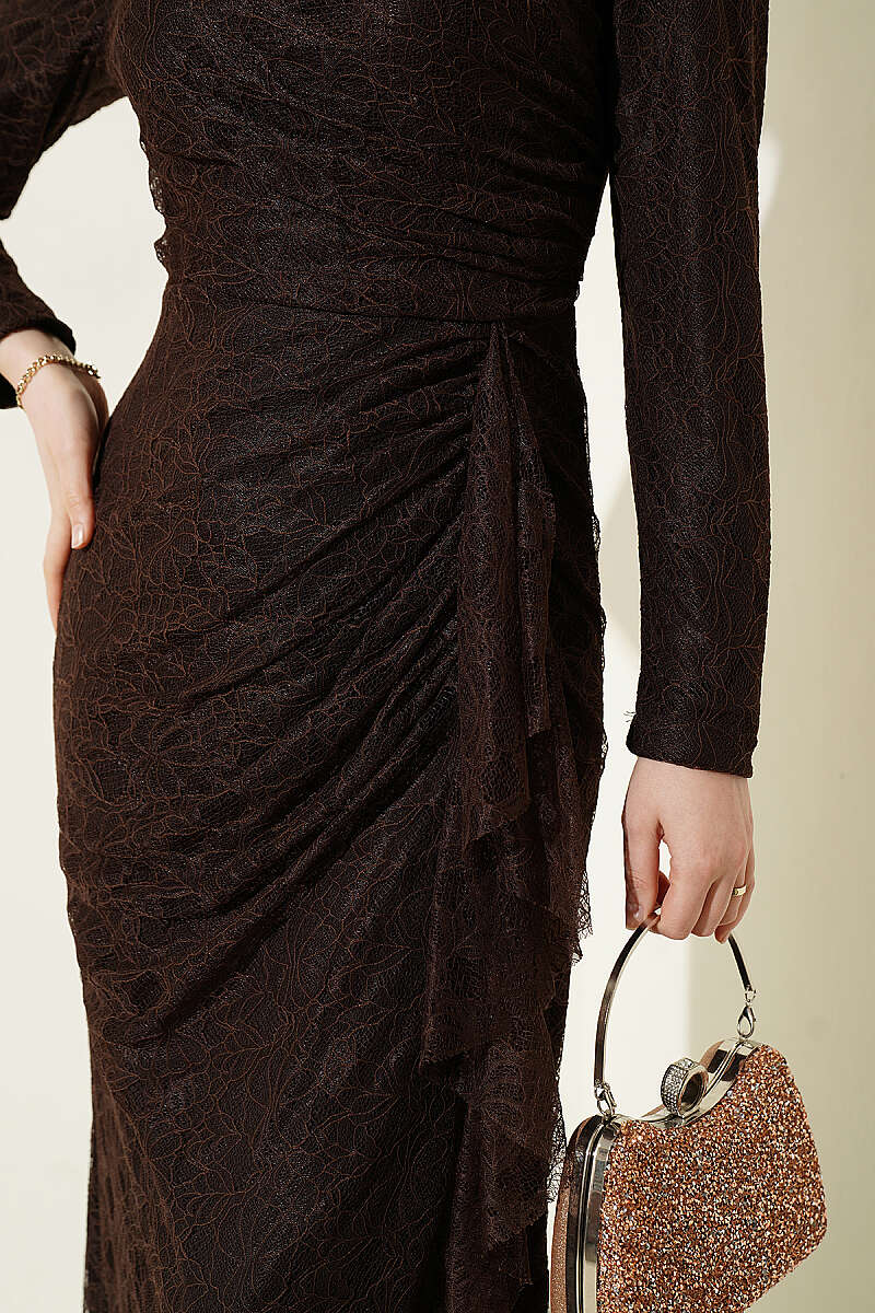 Ruched Lace Evening Dress with Stones - Brown