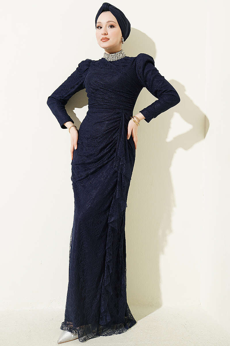 Ruched Lace Evening Dress with Stones - Navy