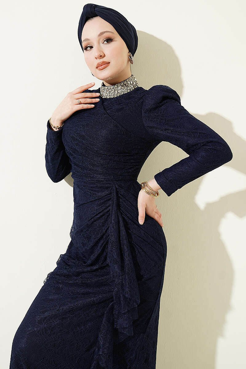 Ruched Lace Evening Dress with Stones - Navy