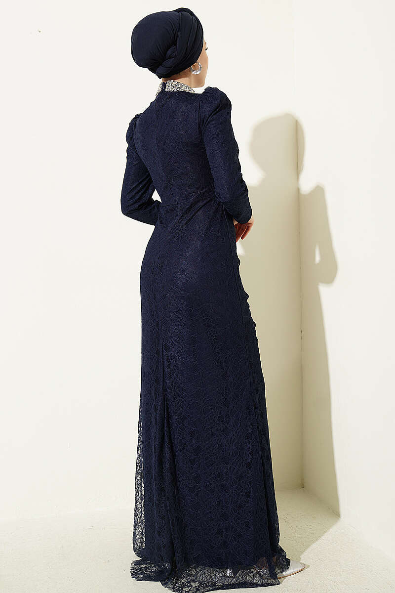 Ruched Lace Evening Dress with Stones - Navy