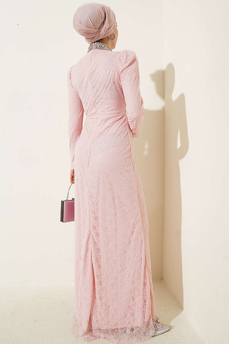 Ruched Lace Evening Dress with Stones - Powder