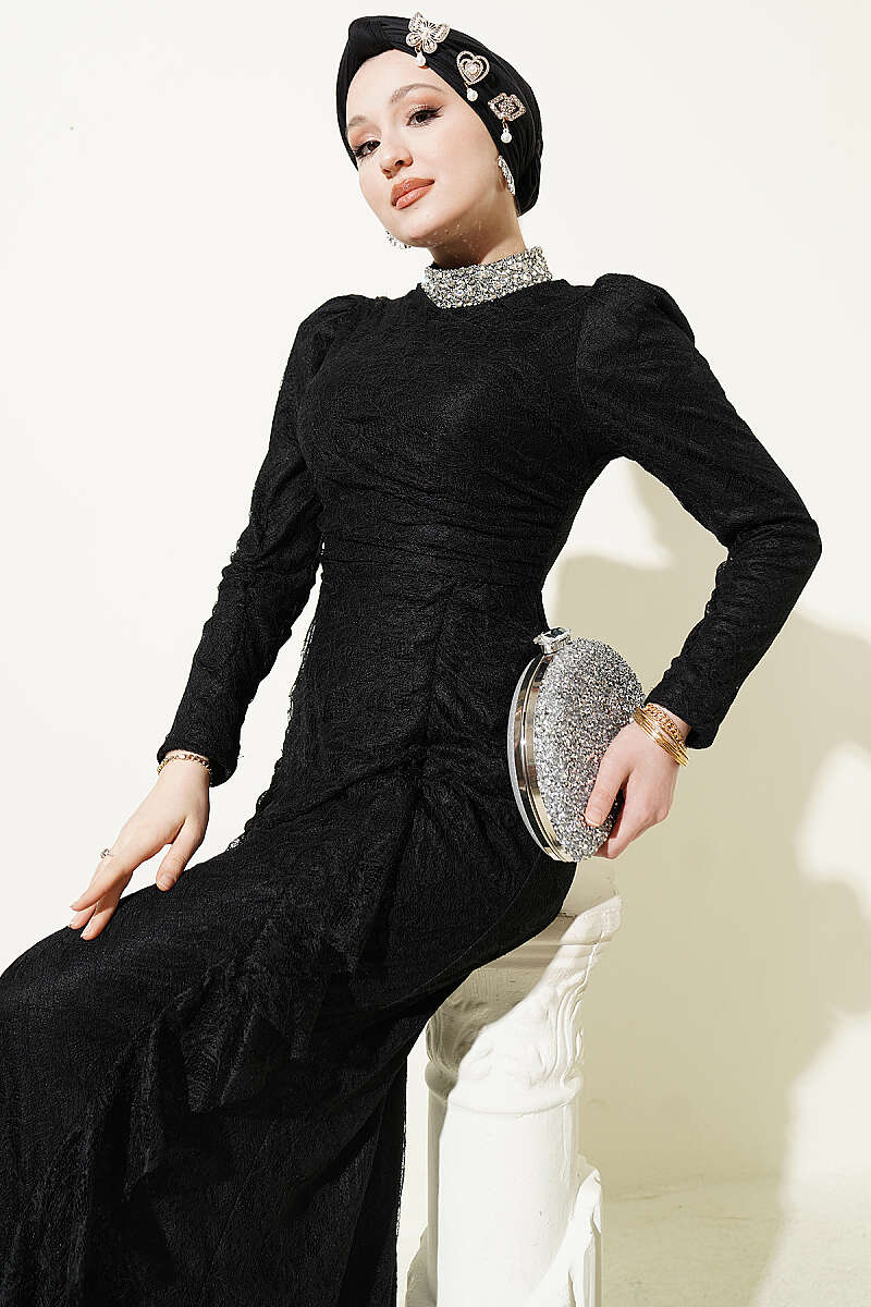 Ruched Lace Evening Dress with Stones - Black