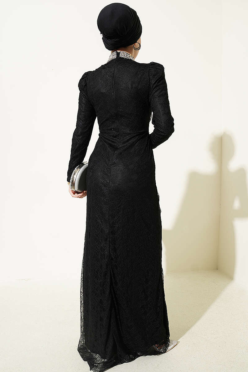 Ruched Lace Evening Dress with Stones - Black