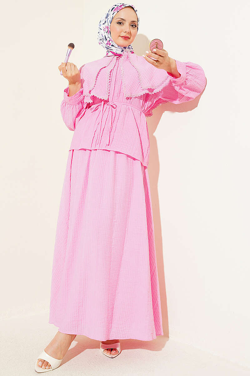 Lace Skirt Set with Double Sailor Collar - Pink
