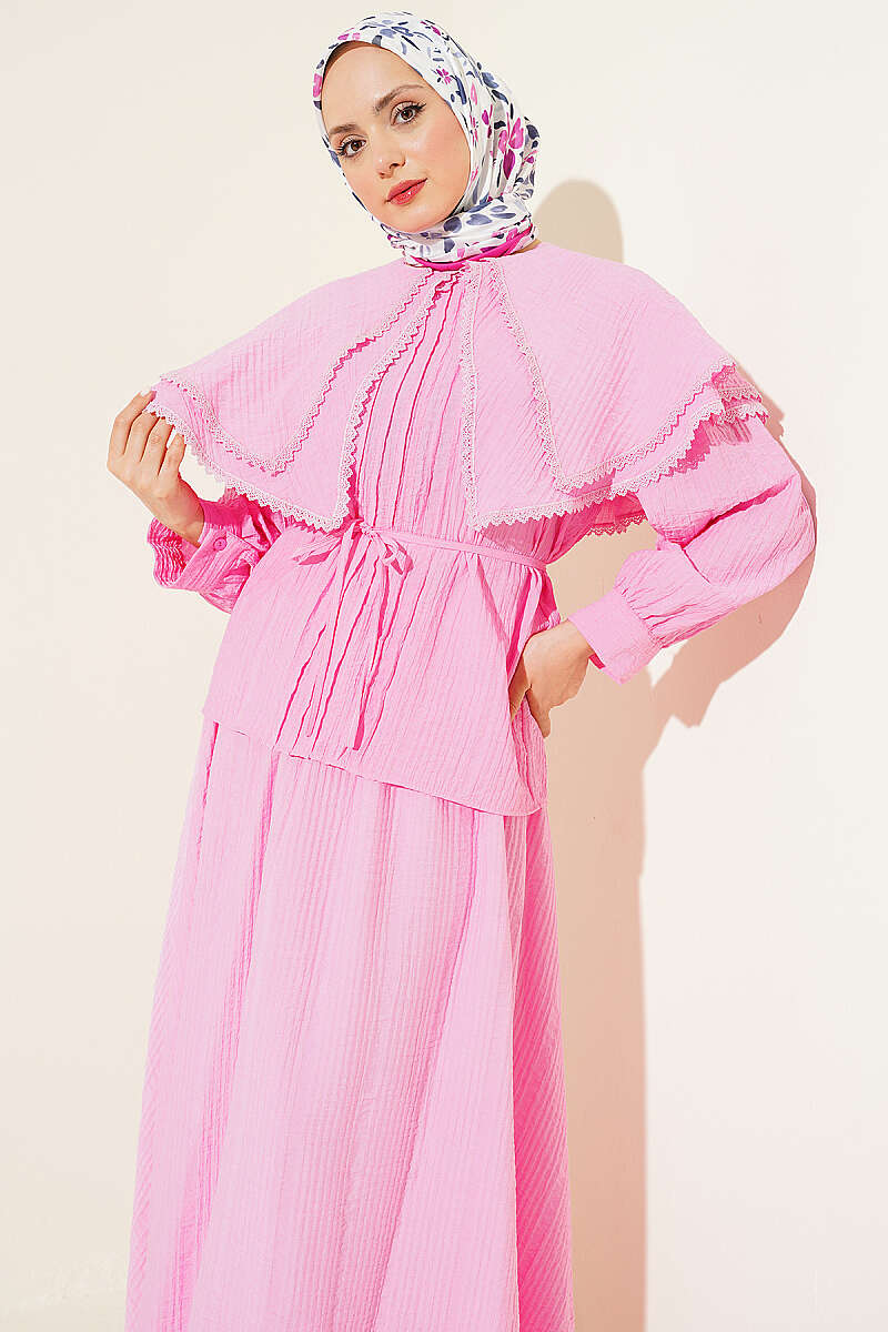 Lace Skirt Set with Double Sailor Collar - Pink