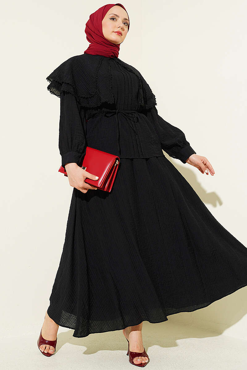 Lace Skirt Set with Double Sailor Collar - Black