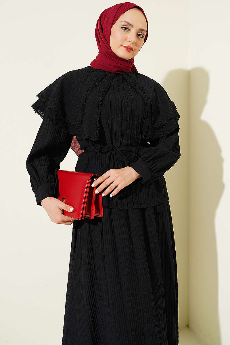 Lace Skirt Set with Double Sailor Collar - Black