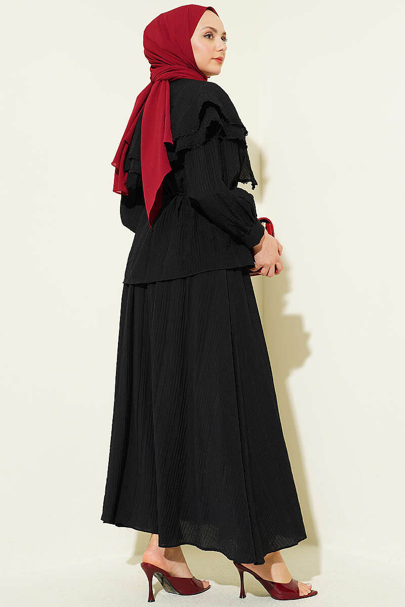 Lace Skirt Set with Double Sailor Collar - Black
