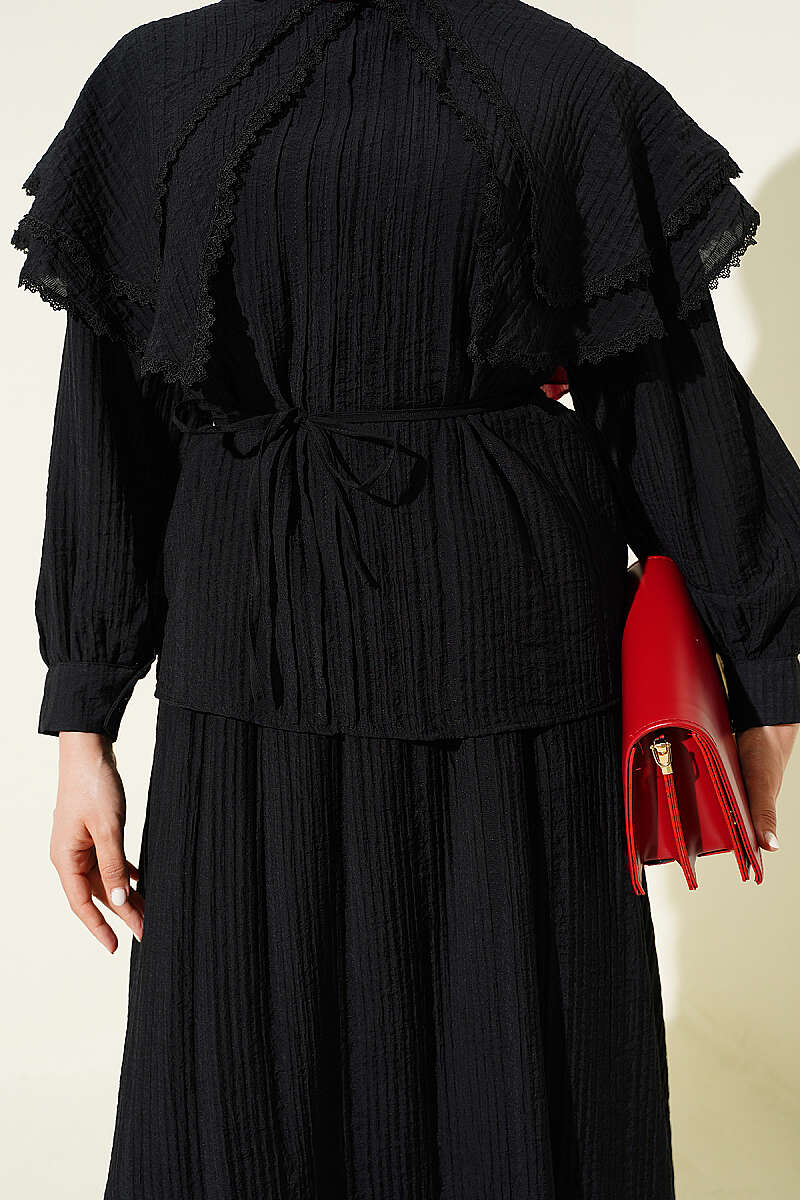 Lace Skirt Set with Double Sailor Collar - Black
