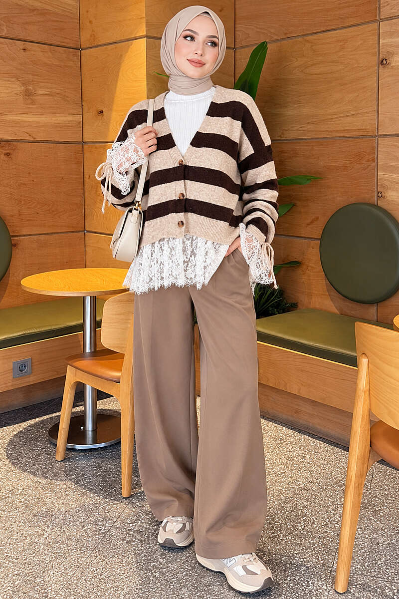 Striped Lace Knit Cardigan with Gathered Sleeves - Beige