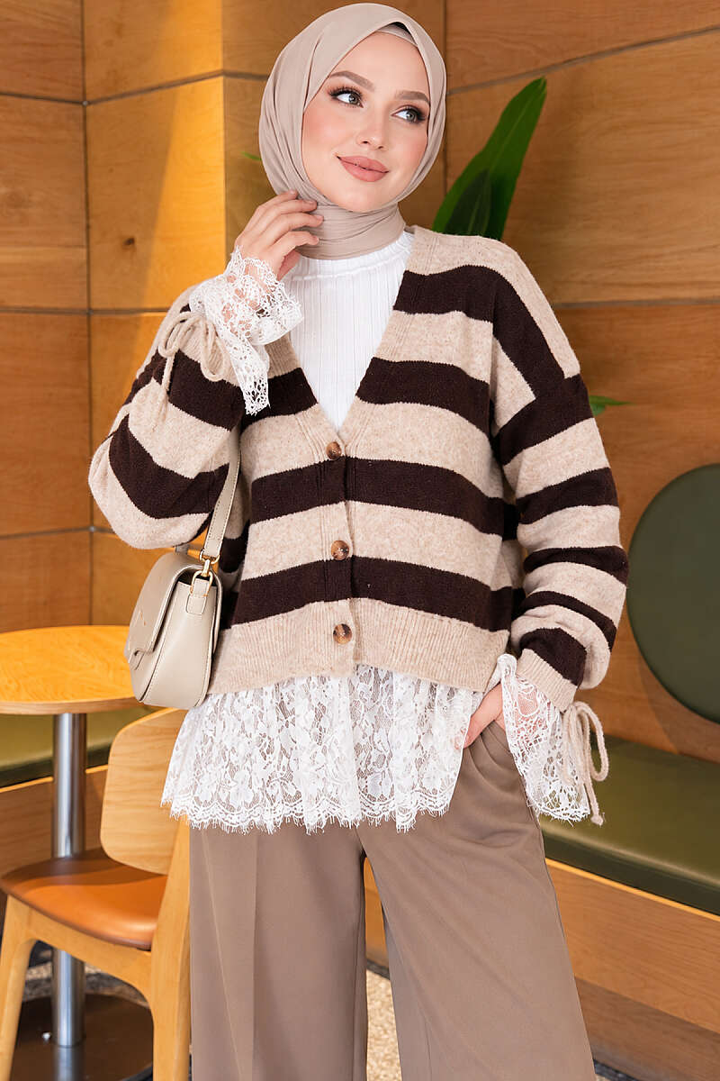Striped Lace Knit Cardigan with Gathered Sleeves - Beige