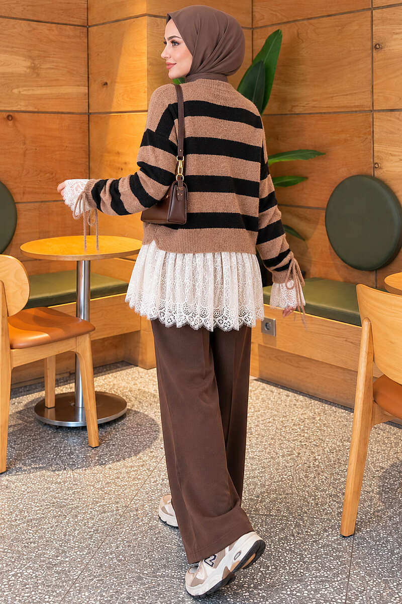 Striped Lace Knit Cardigan with Gathered Sleeves - Latte