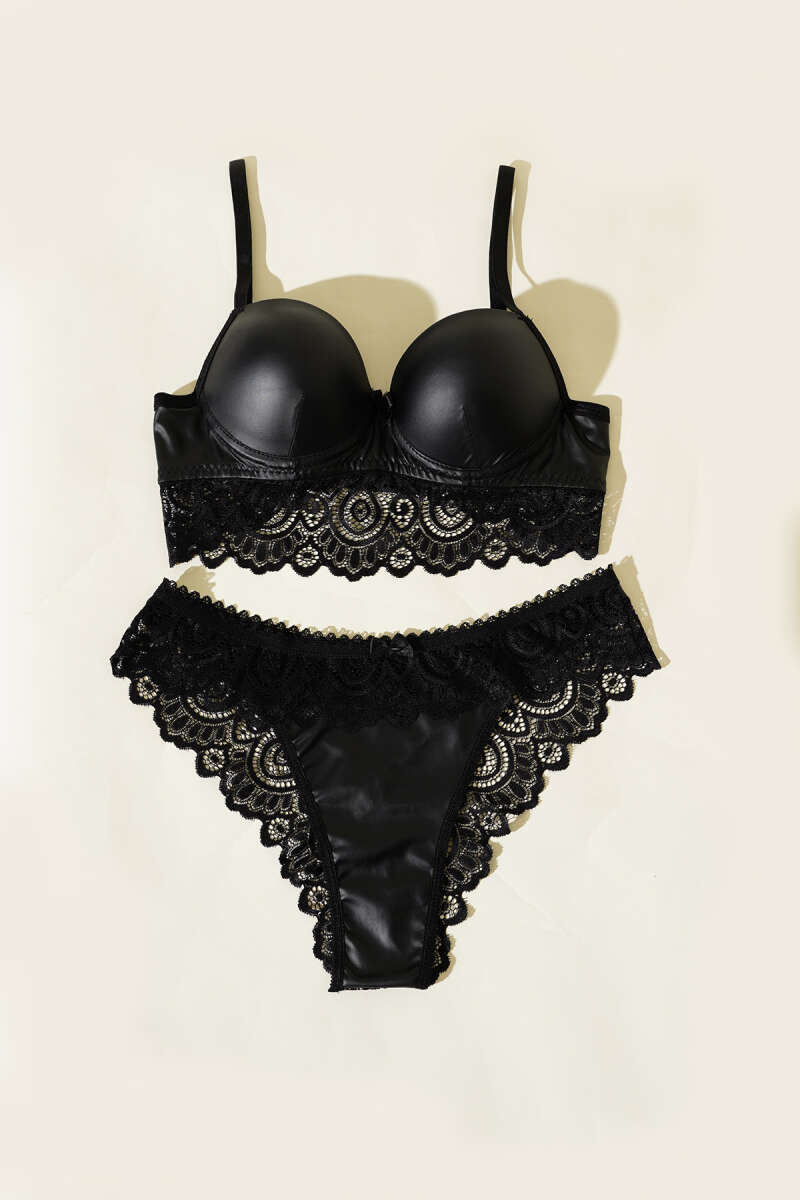 Padded Lace and Faux Leather Bra Set - Black