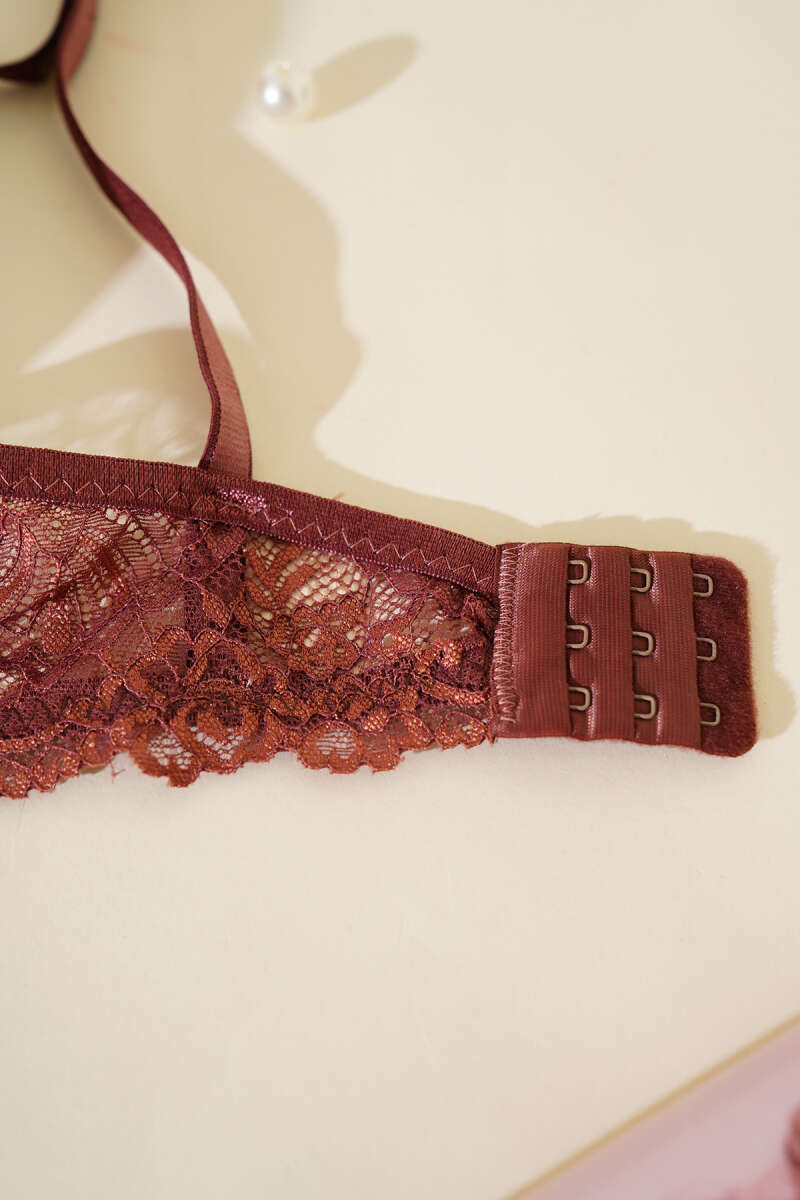 Padded Glossy Lace Bra Set - Brown
