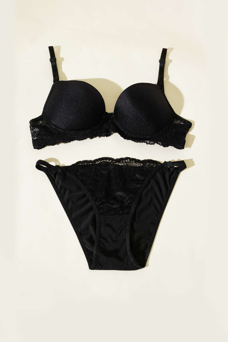 Padded Glossy Lace Bra Set - Black