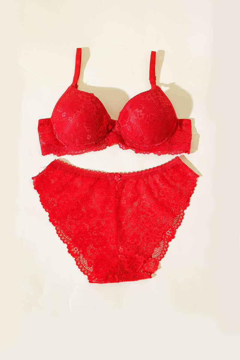 Padded Lace Bra Set - Red