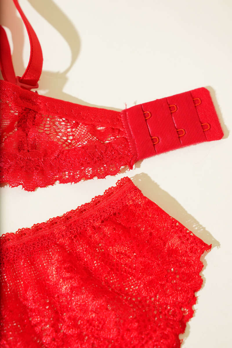 Padded Lace Bra Set - Red