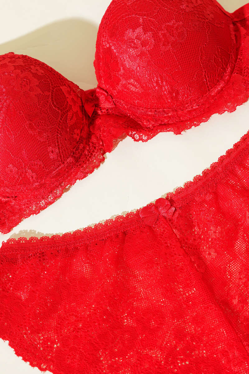 Padded Lace Bra Set - Red