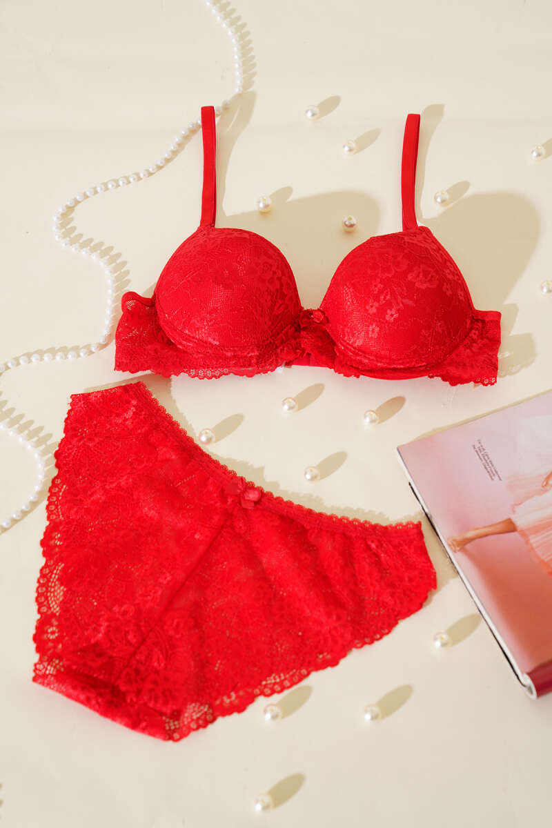 Padded Lace Bra Set - Red