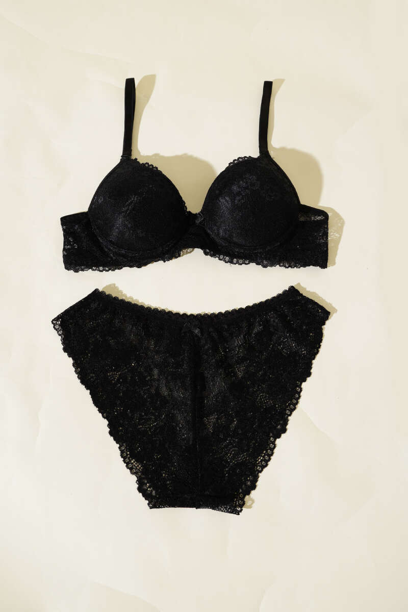 Padded Lace Bra Set - Black