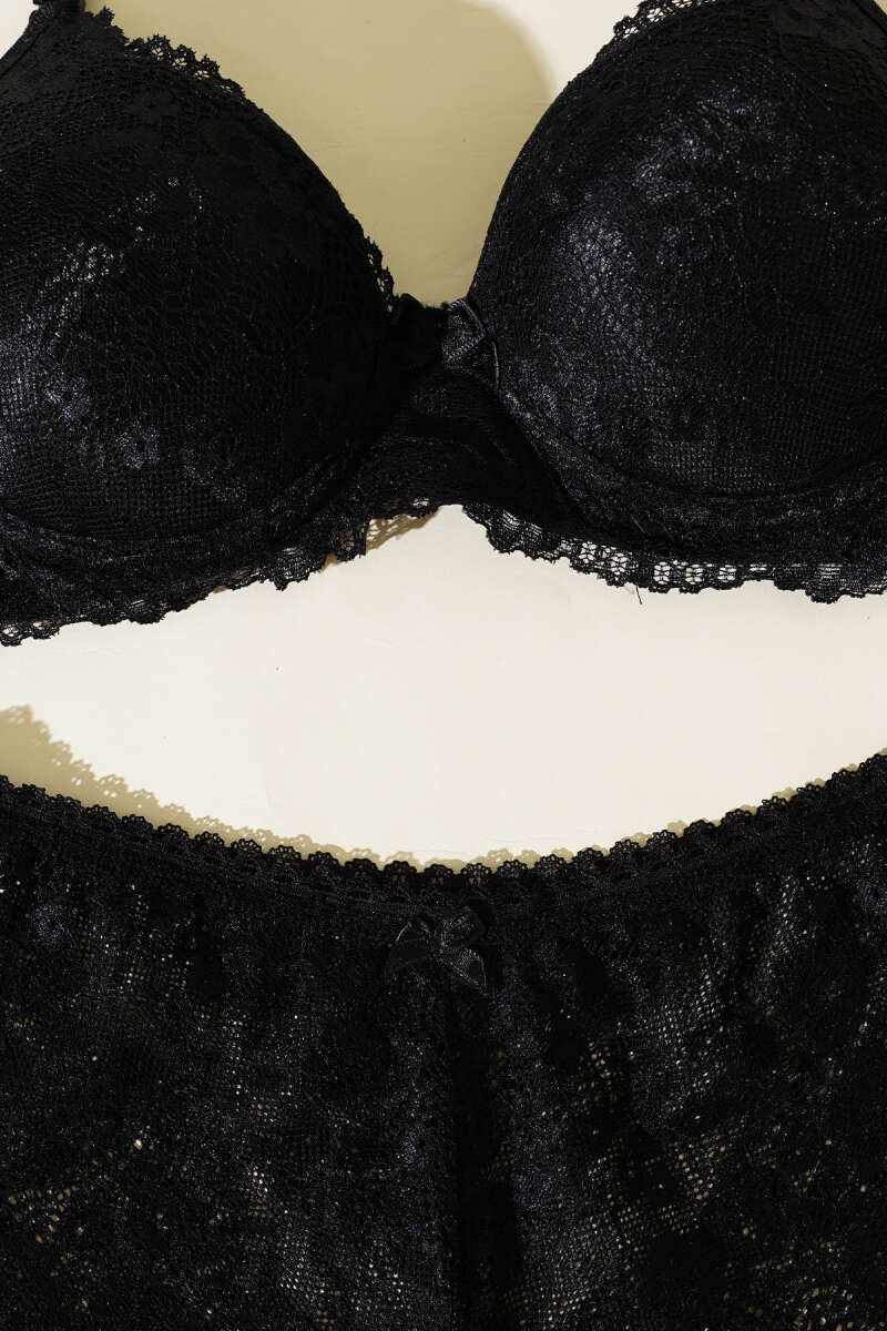 Padded Lace Bra Set - Black