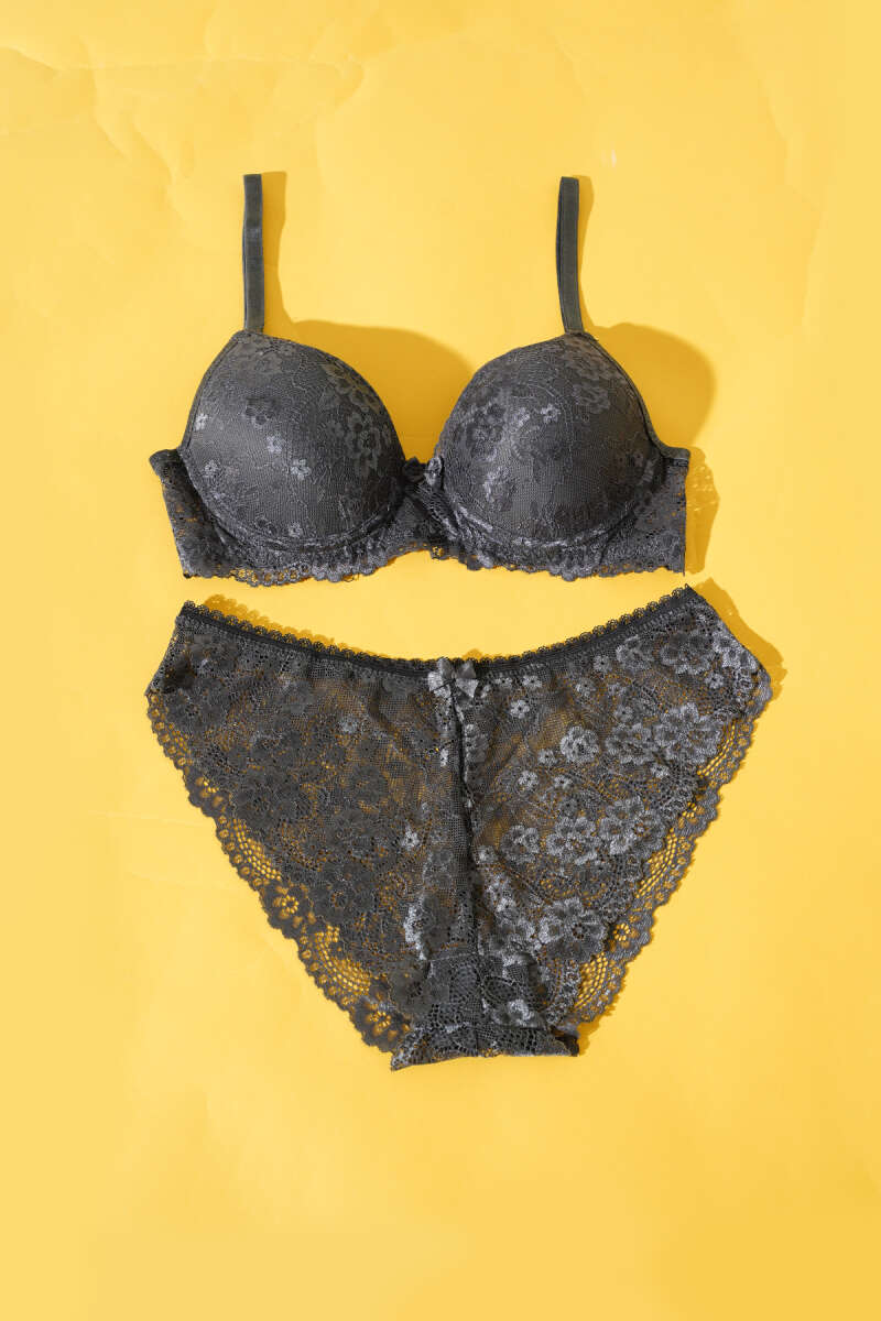 Unpadded Lace Bra Set - Charcoal
