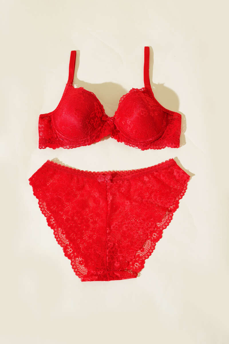 Unpadded Lace Bra Set - Red