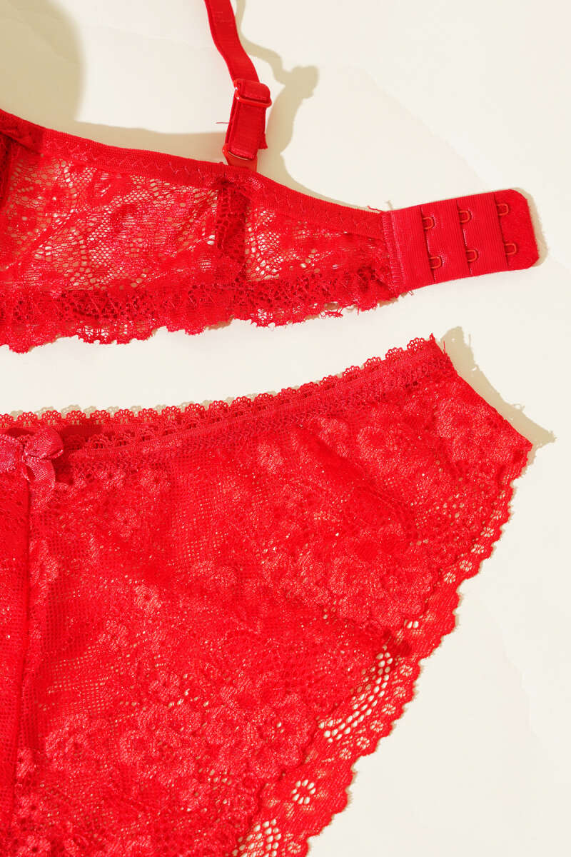 Unpadded Lace Bra Set - Red