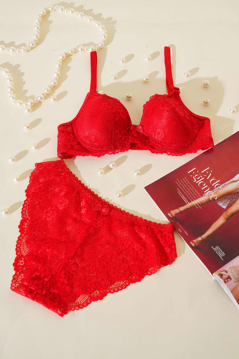 Unpadded Lace Bra Set - Red