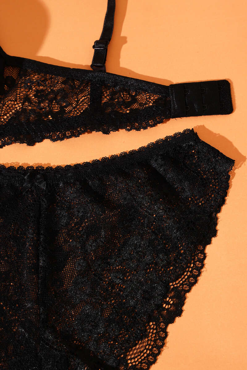 Unpadded Lace Bra Set - Black