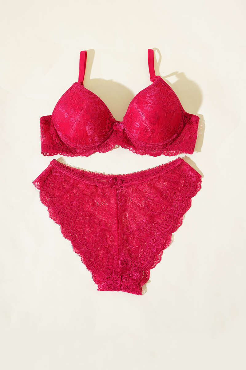 Unpadded Lace Bra Set - Cherry
