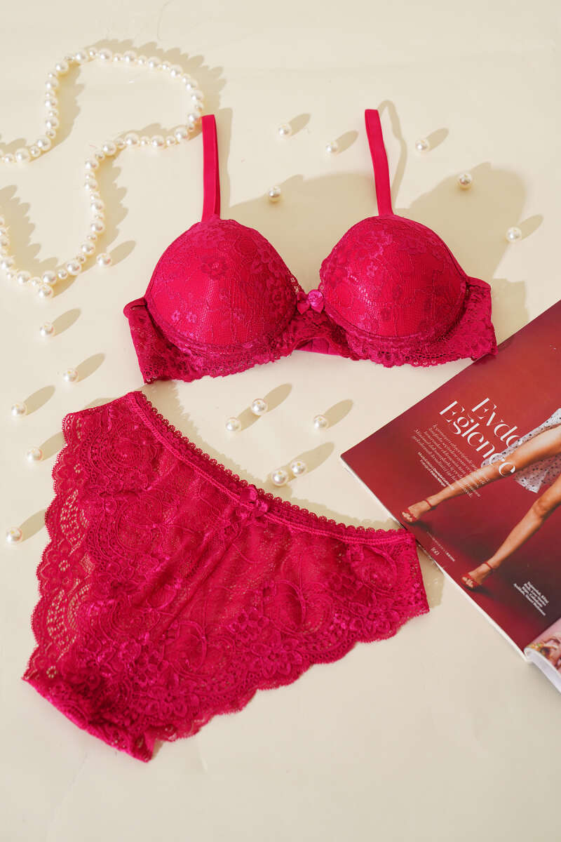 Unpadded Lace Bra Set - Cherry