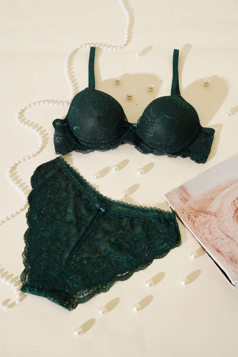 Unpadded Lace Bra Set - Emerald