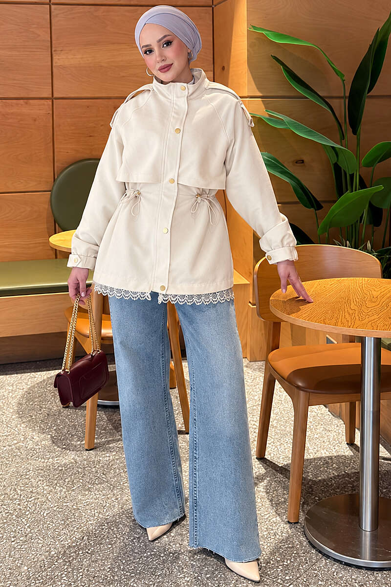Zip-Up Trench Coat with Lace Detail - Beige