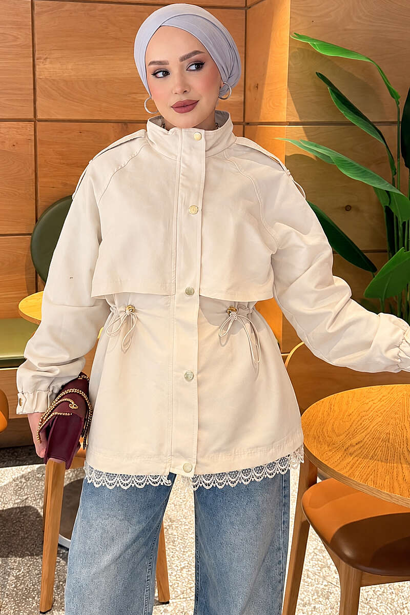 Zip-Up Trench Coat with Lace Detail - Beige