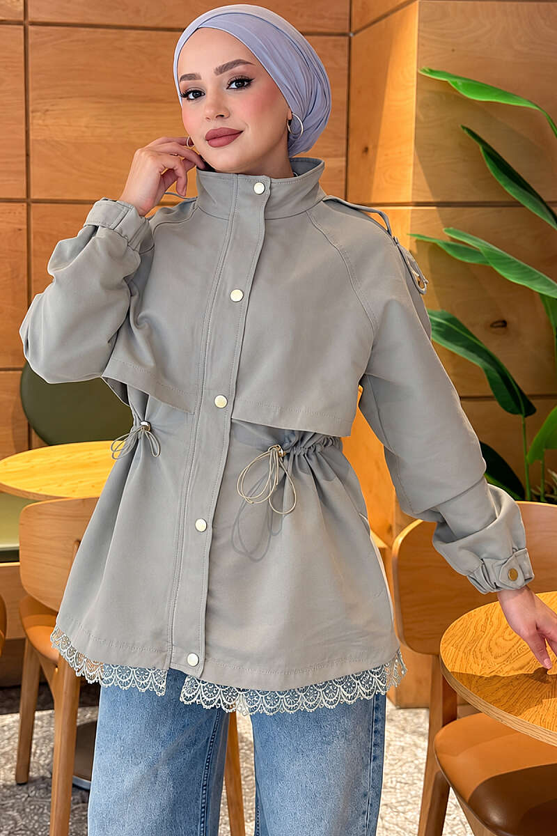 Zip-Up Trench Coat with Lace Detail - Almond Green