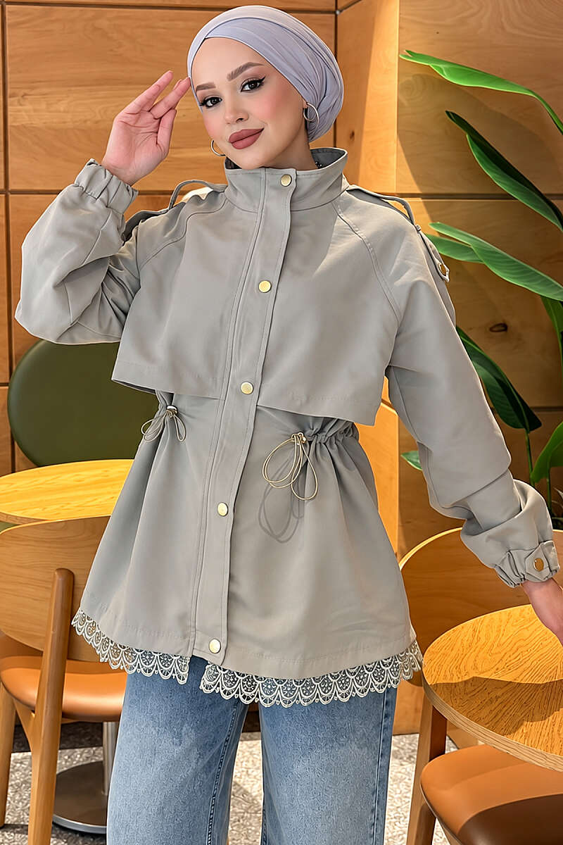 Zip-Up Trench Coat with Lace Detail - Almond Green