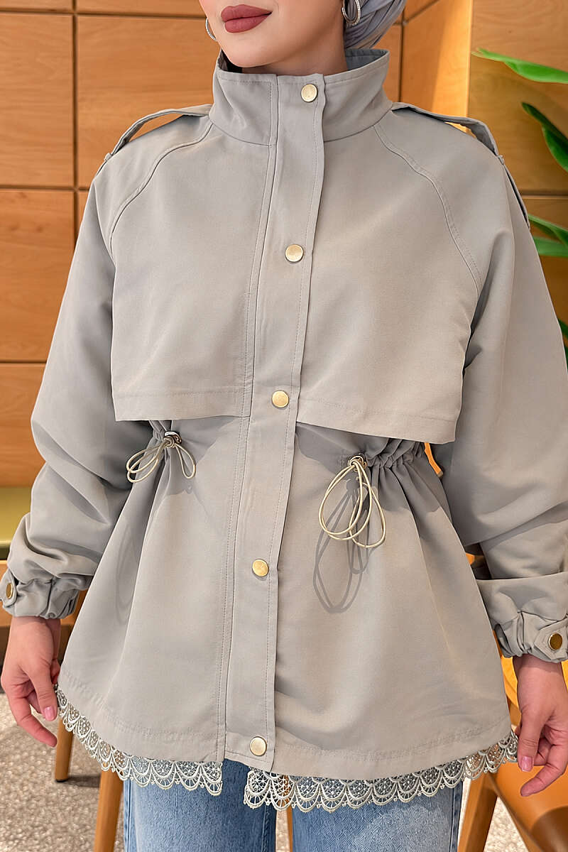 Zip-Up Trench Coat with Lace Detail - Almond Green