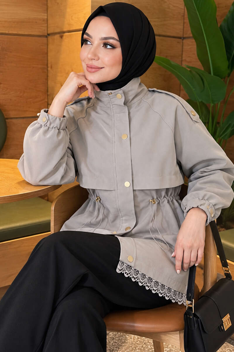 Zip-Up Trench Coat with Lace Detail - Grey
