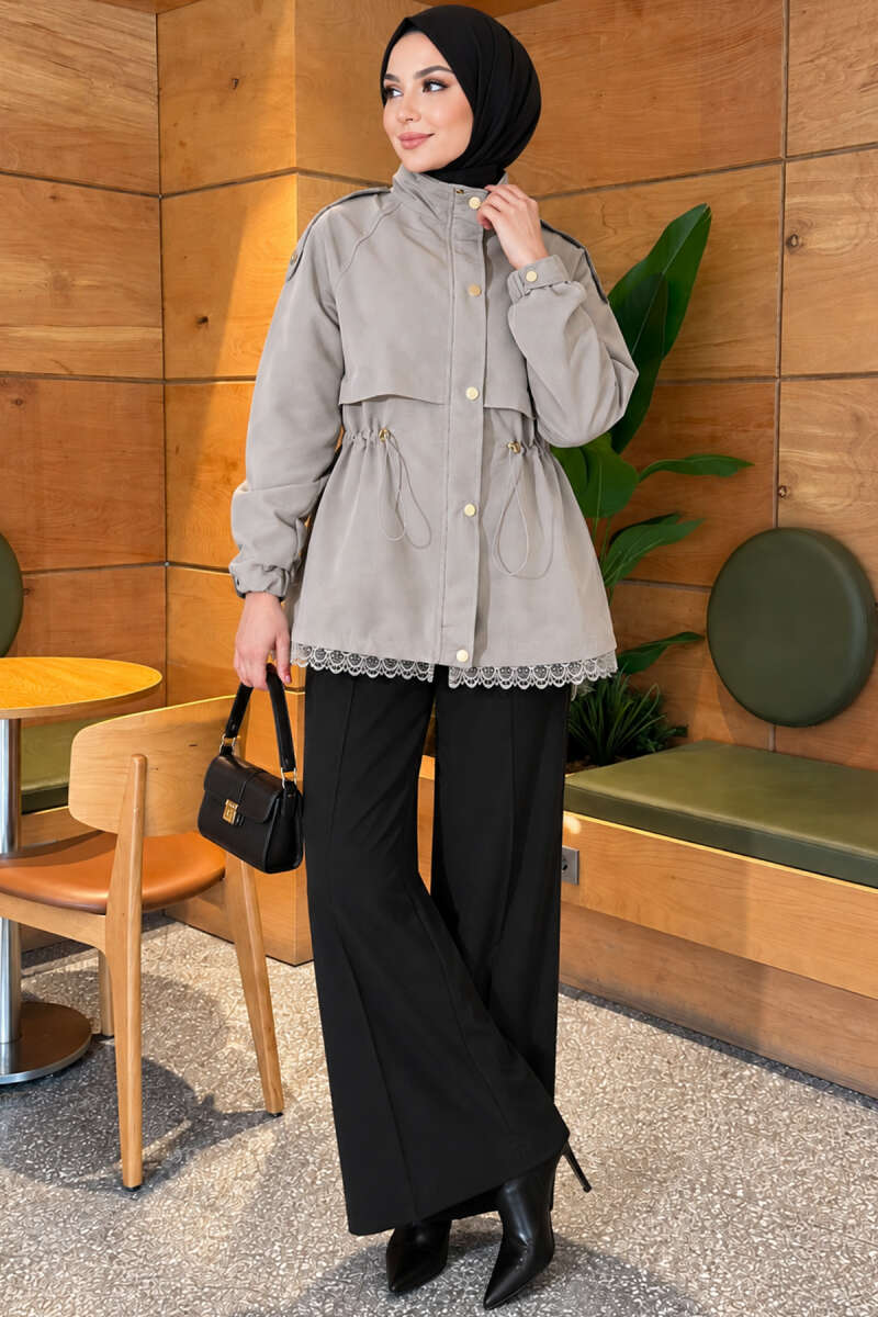Zip-Up Trench Coat with Lace Detail - Grey