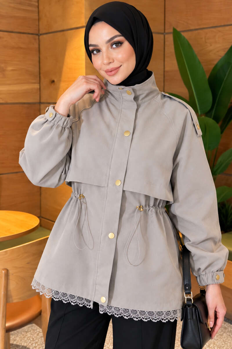 Zip-Up Trench Coat with Lace Detail - Grey