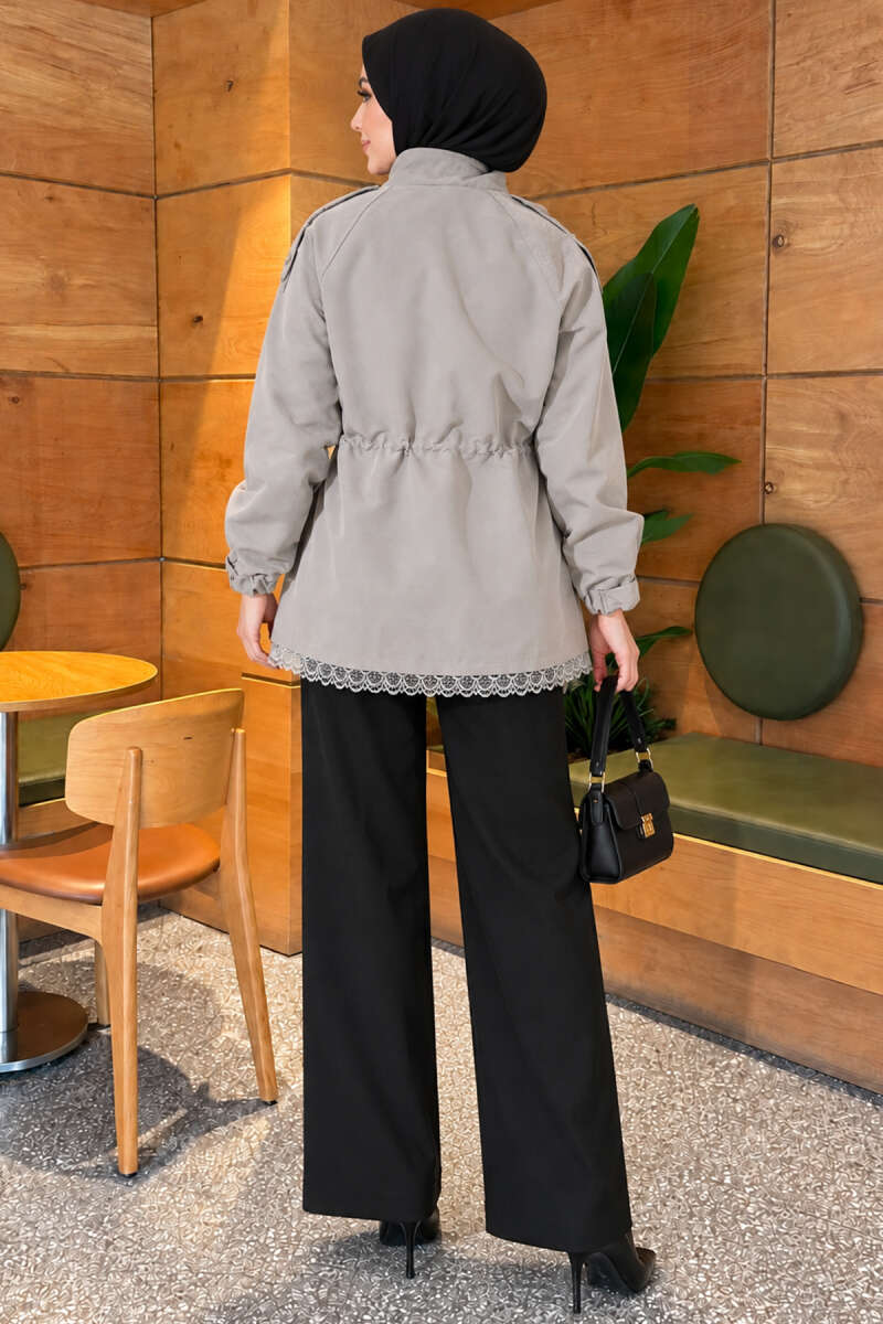 Zip-Up Trench Coat with Lace Detail - Grey