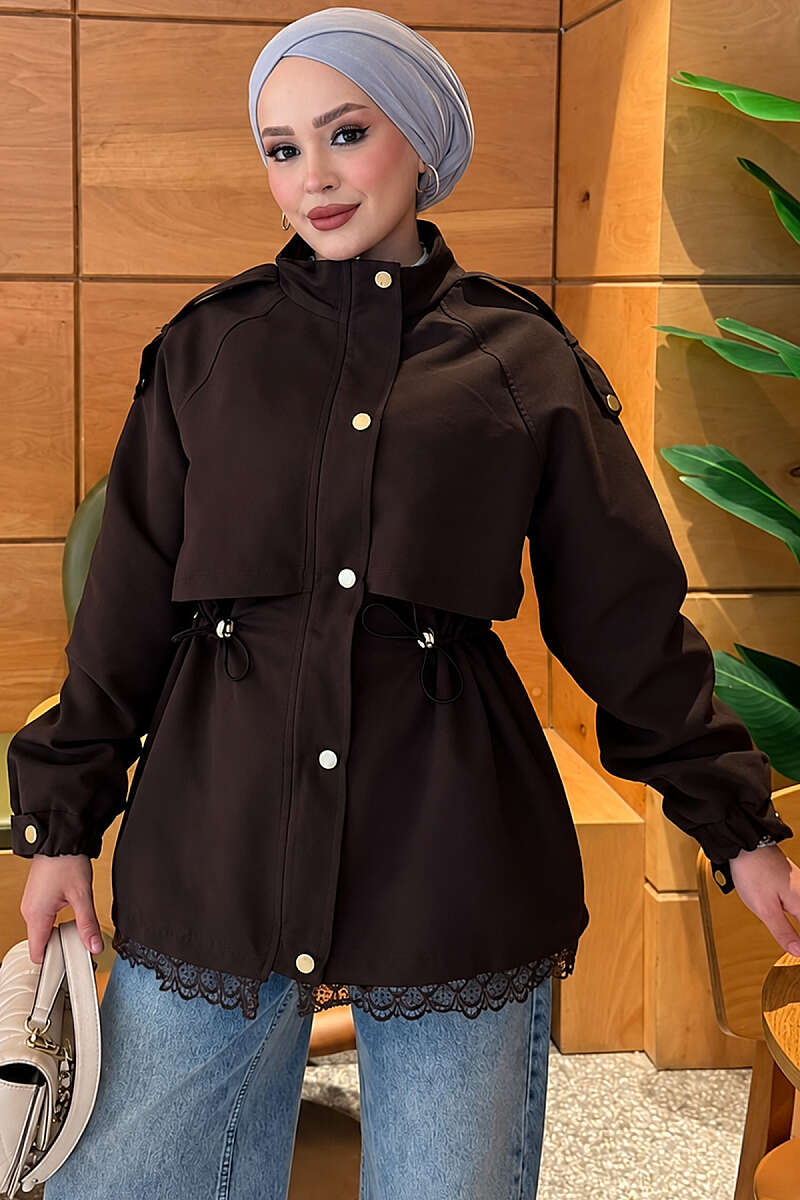 Zip-Up Trench Coat with Lace Detail - Brown