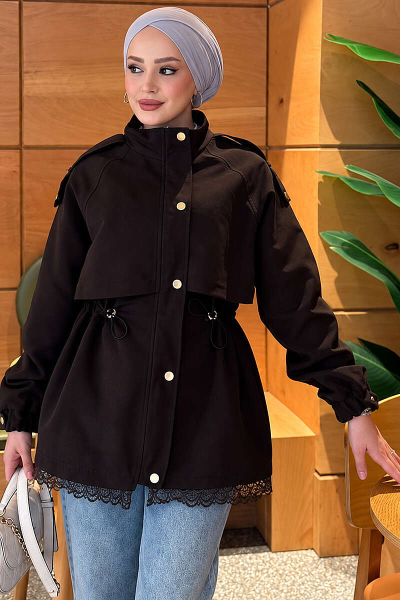 Zip-Up Trench Coat with Lace Detail - Brown