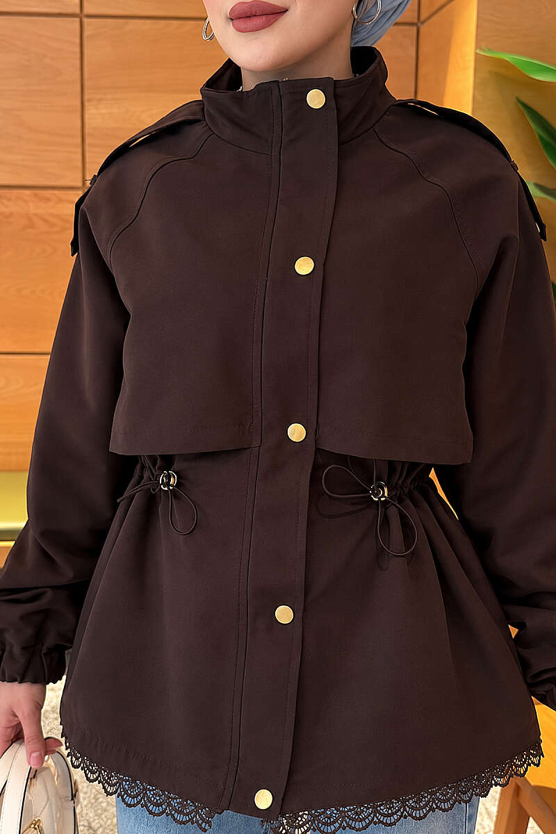 Zip-Up Trench Coat with Lace Detail - Brown