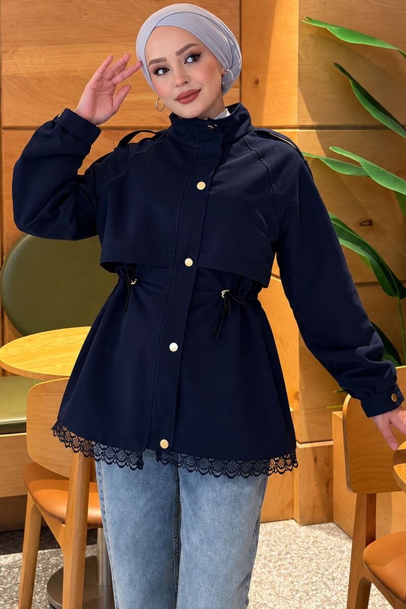 Zip-Up Trench Coat with Lace Detail - Navy